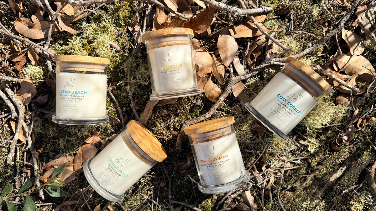 Five glass jar candles with wooden lids are arranged on a forest floor with dry leaves, moss, and twigs. The labels show different scent names including Farmhouse Lemon Myrtle, Ocean Beach, Greens Pool and Cosy Corner.