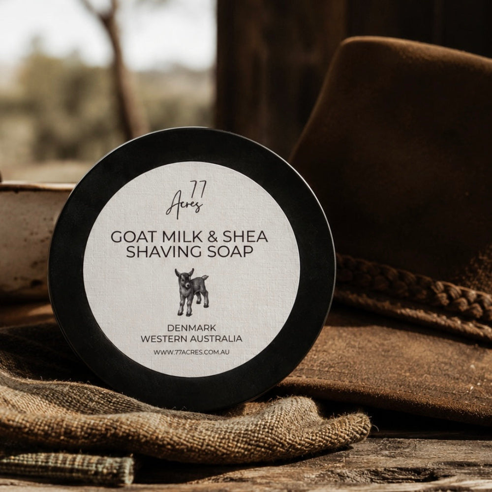 77 Acres Men's Goat Milk and Shea Shaving Soap for sensitive skin. A gift idea for men. 
