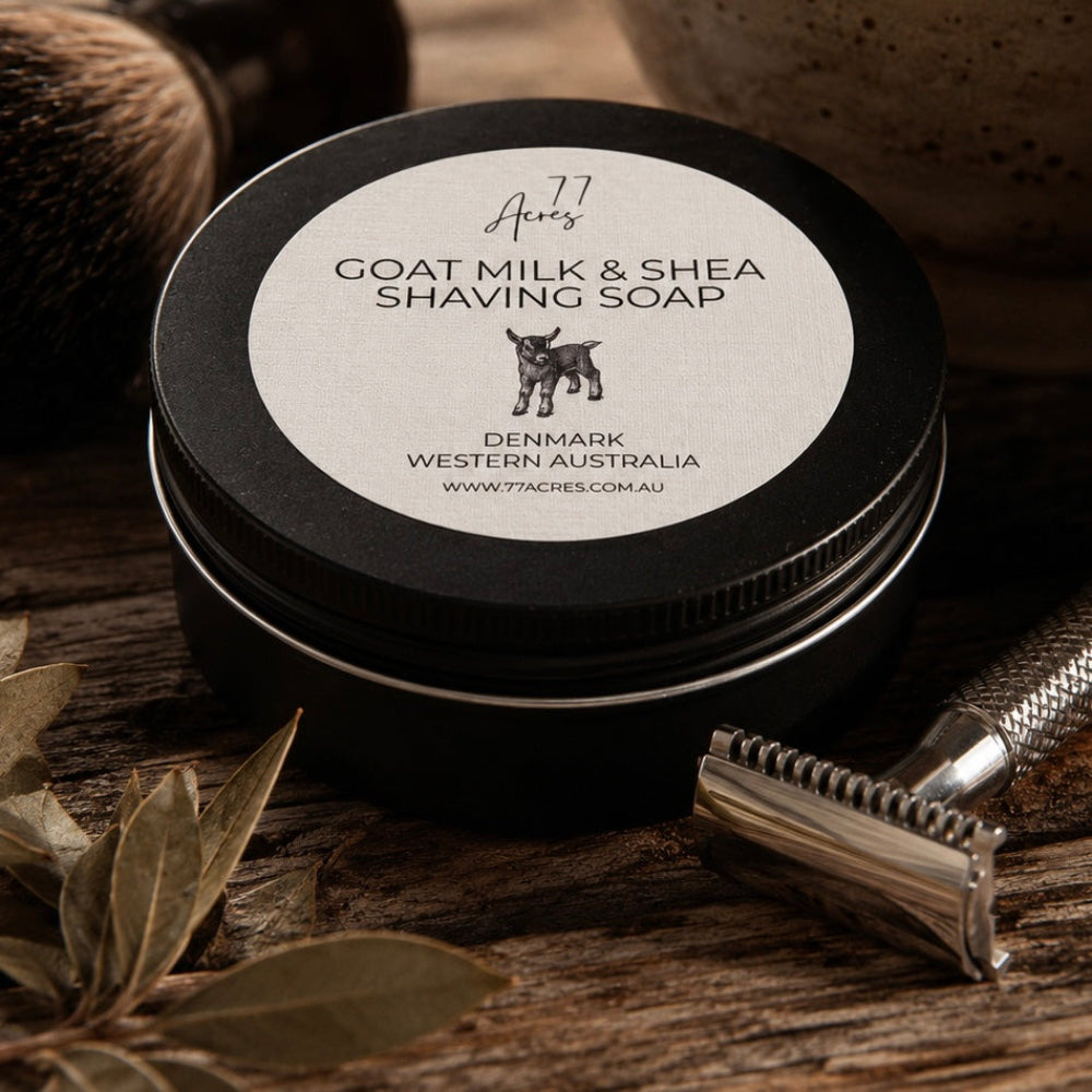 Goat Milk and Shea Shaving Soap in a black tin for men. 